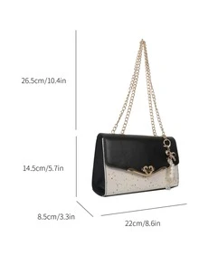 Sequin & Metal Decor Flap Square Bag With Bag Charm - Black and White - View 3