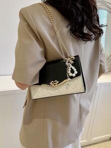 Sequin & Metal Decor Flap Square Bag With Bag Charm - Black and White - View 4