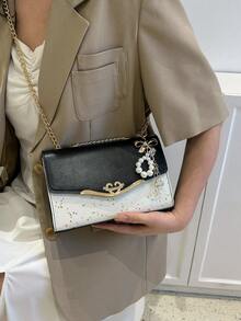 Sequin & Metal Decor Flap Square Bag With Bag Charm - Black and White - View 7