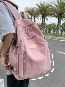 Release Buckle Decor Classic Backpack Letter Patch Fashion Backpack School Bag For Graduate, Teen Girls, Freshman, Sophomore, Junior & Senior In College, University & High School, Perfect For Outdoors ,Travel & Back To School - Pink - View 1