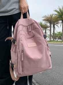 Release Buckle Decor Classic Backpack Letter Patch Fashion Backpack School Bag For Graduate, Teen Girls, Freshman, Sophomore, Junior & Senior In College, University & High School, Perfect For Outdoors ,Travel & Back To School - Pink - View 2