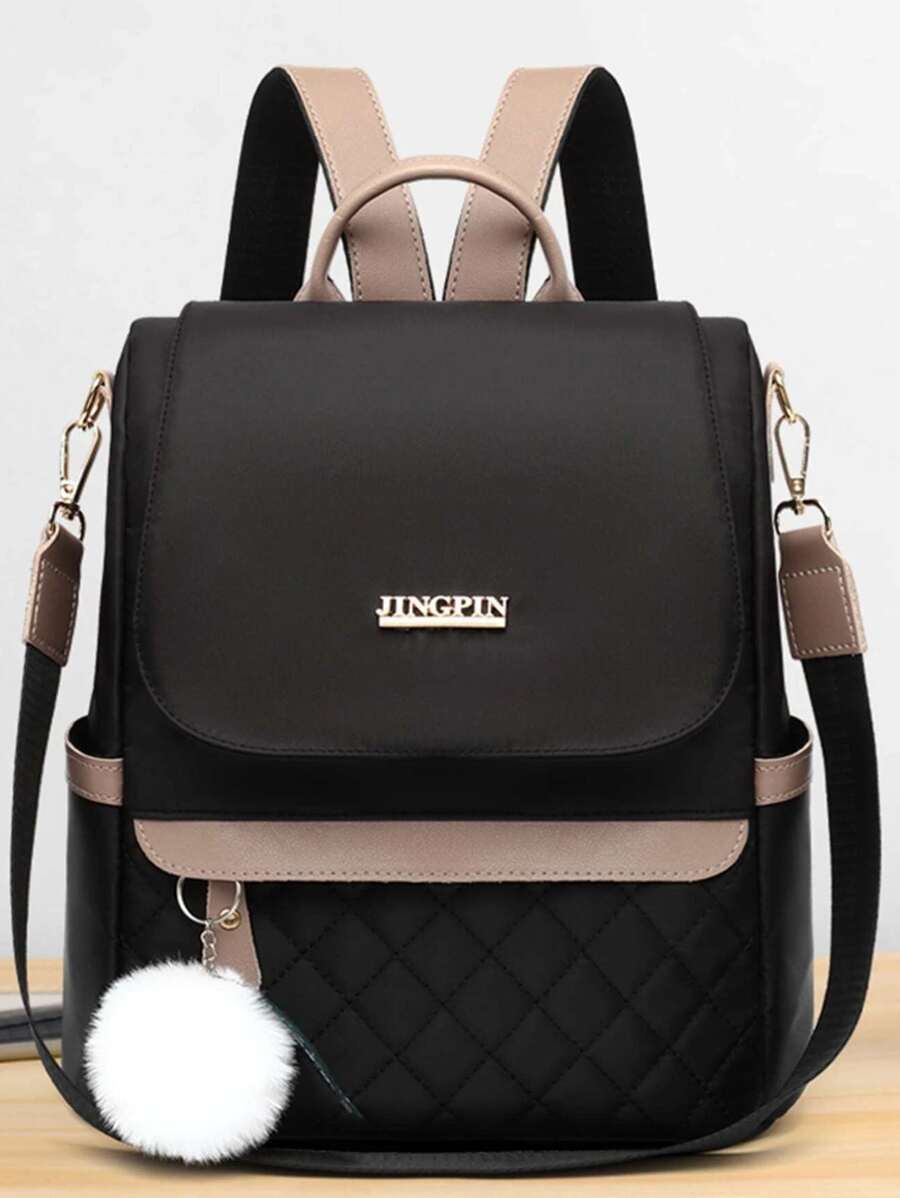 Quilted Flap Backpack Purse, Women's Nylon Travel Shoulder Bag, Casual Pompom Decor Bookbag - Black - View 1