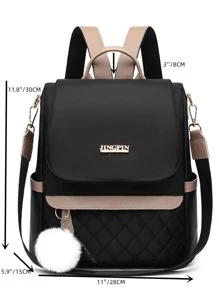 Quilted Flap Backpack Purse, Women's Nylon Travel Shoulder Bag, Casual Pompom Decor Bookbag - Black - View 3