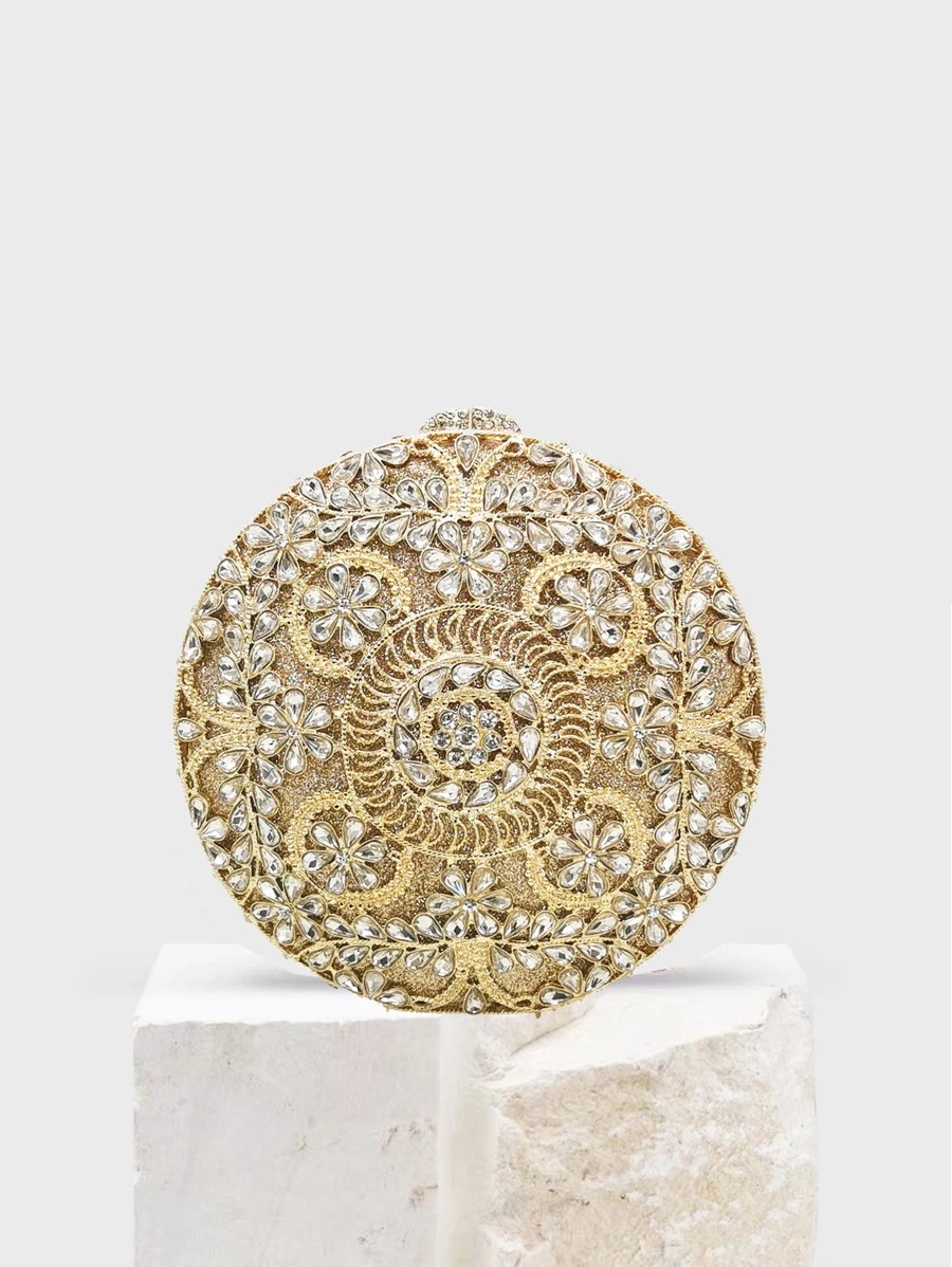 Bolso circular mini con diseño de diamante de imitación con cadena - Dorado - Ver 1