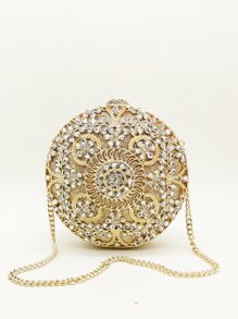 Bolso circular mini con diseño de diamante de imitación con cadena - Dorado - Ver 2