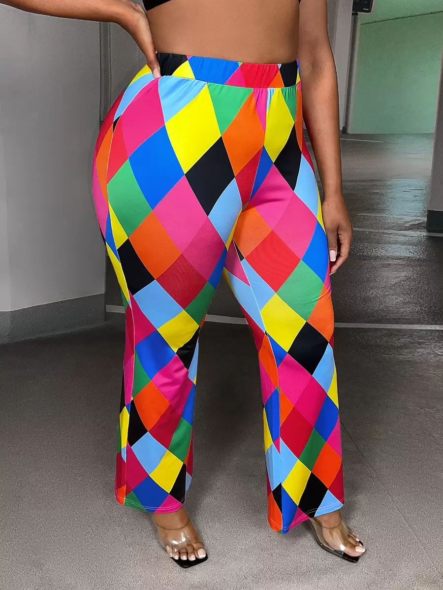 Slaydiva Quần Plus Size Hình học Sọc ca rô Giải trí - Nhiều màu - Xem 1