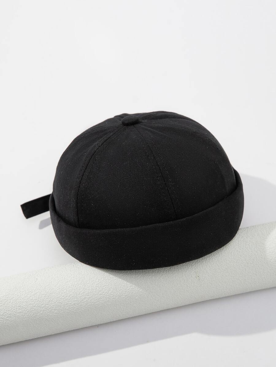 1頂男款純色平簷潮標條調節無頂帽,適合日常穿搭 - 黑色 - 查看 1