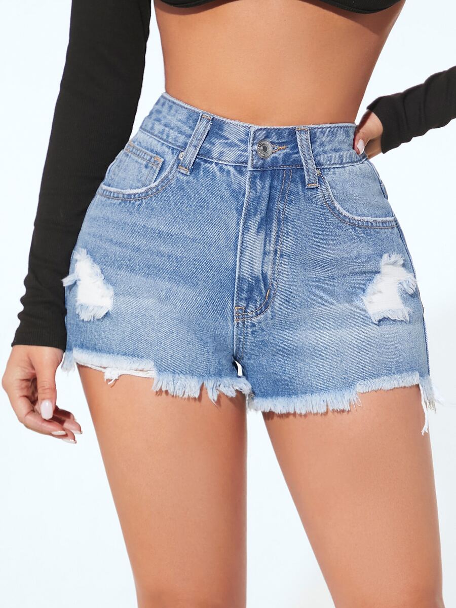 SHEIN PETITE Ripped Raw Hem Denim Shorts - Light Wash - View 1