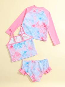 Young Girl 3pcs Fish Scales Print Ruffle Trim Tankini Summer Beach - Multicolor - View 2