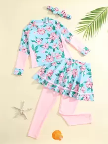 Toddler Young Girl Tropical Print Ruffle Swimwear & Headband - Multicolor - View 1