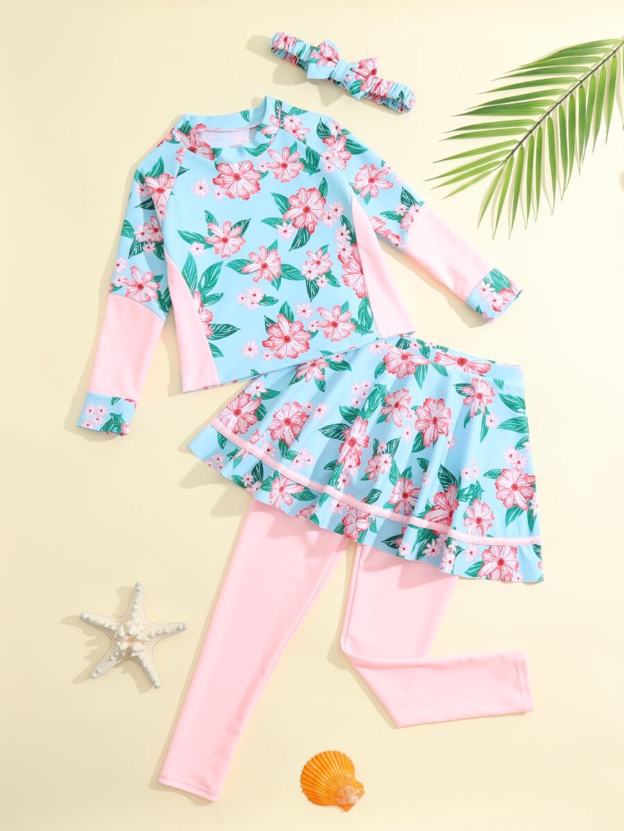 Toddler Young Girl Tropical Print Ruffle Swimwear & Headband - Multicolor - View 1