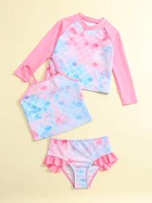 Young Girl 3pcs Fish Scales Print Ruffle Trim Tankini Summer Beach - Multicolor - View 3