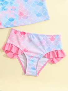 Young Girl 3pcs Fish Scales Print Ruffle Trim Tankini Summer Beach - Multicolor - View 4