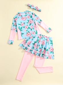 Toddler Young Girl Tropical Print Ruffle Swimwear & Headband - Multicolor - View 3