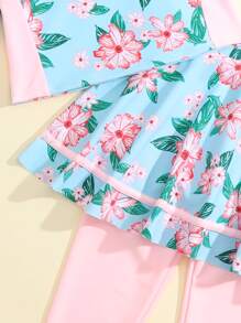 Toddler Young Girl Tropical Print Ruffle Swimwear & Headband - Multicolor - View 4