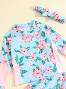 Toddler Young Girl Tropical Print Ruffle Swimwear & Headband - Multicolor - View 5