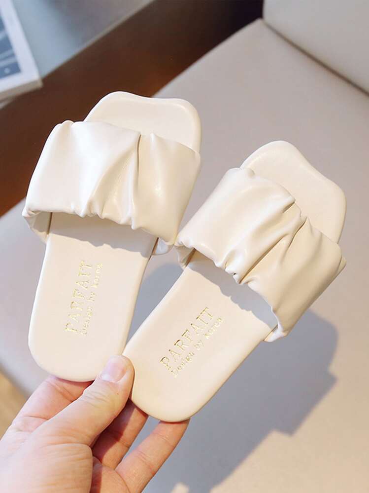 時尚拖鞋適用於女孩抽褶細節單帶拖鞋 - 米色 - 查看 2