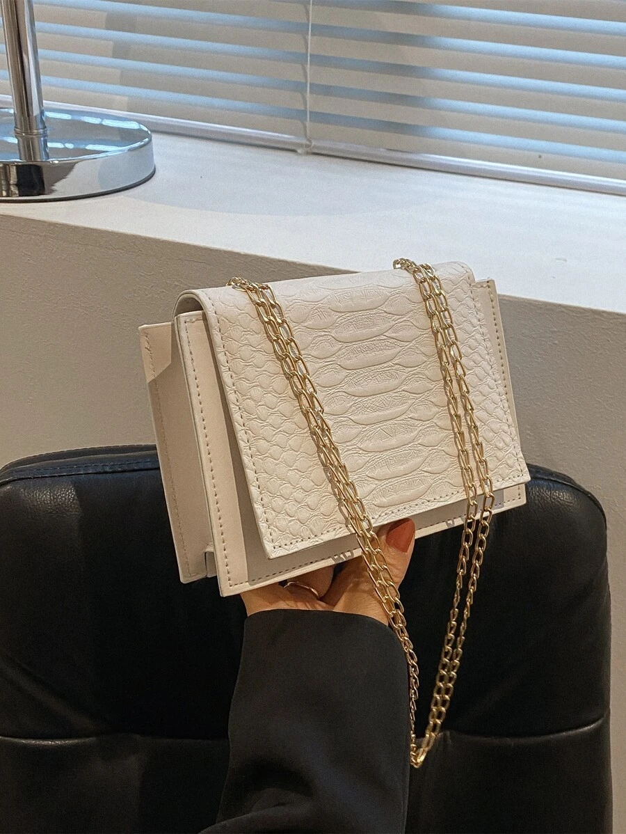 迷你蛇皮壓花鏈條翻蓋方包 - 米色 - 查看 1