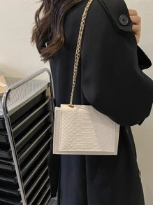 迷你蛇皮壓花鏈條翻蓋方包 - 米色 - 查看 6