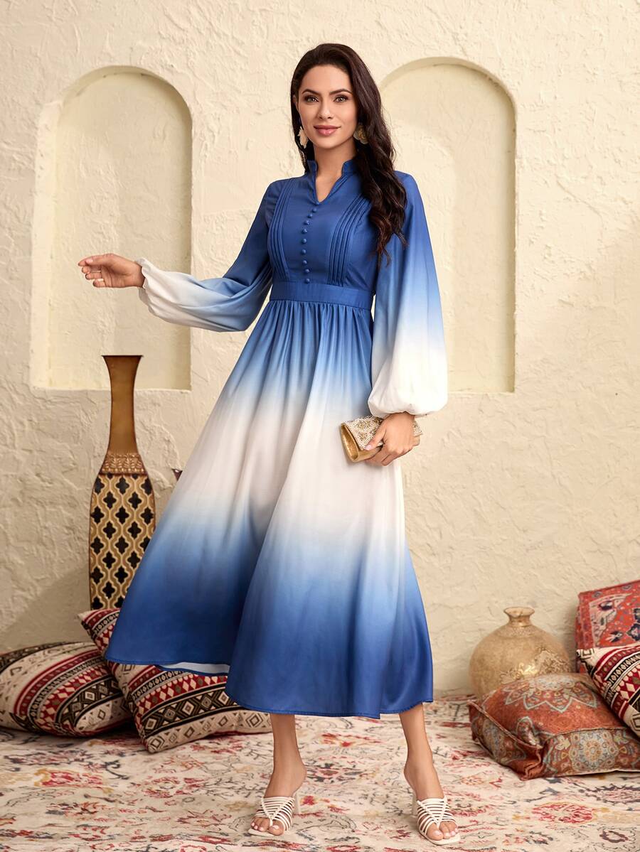 Modelyn Ombre Lantern Sleeve Buttoned Front Fold Pleated Detail Dress - Blue and White - View 1