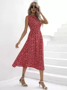 SHEIN VCAY Ditsy Floral Print Sleeveless Dress - Red - View 5