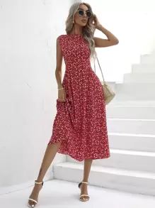 SHEIN VCAY Ditsy Floral Print Sleeveless Dress - Red - View 3