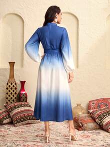 Modelyn Ombre Lantern Sleeve Buttoned Front Fold Pleated Detail Dress - Blue and White - View 2