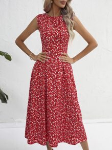 SHEIN VCAY Ditsy Floral Print Sleeveless Dress - Red - View 2