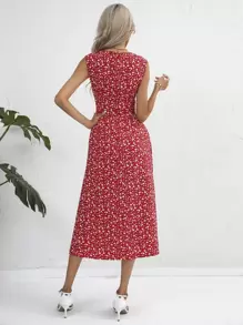 SHEIN VCAY Ditsy Floral Print Sleeveless Dress - Red - View 6