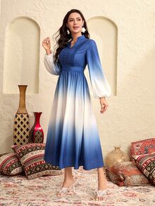 Modelyn Ombre Lantern Sleeve Buttoned Front Fold Pleated Detail Dress - Blue and White - View 3