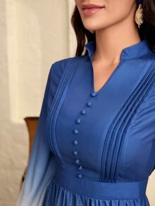 Modelyn Ombre Lantern Sleeve Buttoned Front Fold Pleated Detail Dress - Blue and White - View 4