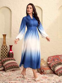 Modelyn Ombre Lantern Sleeve Buttoned Front Fold Pleated Detail Dress - Blue and White - View 5