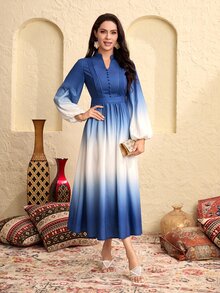 Modelyn Ombre Lantern Sleeve Buttoned Front Fold Pleated Detail Dress - Blue and White - View 6
