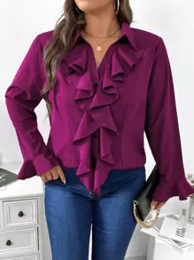 SHEIN Clasi Camisa ribete con fruncido de manga con volante - Morado - Ver 7