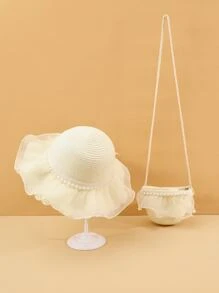 小女童人造珍珠裝飾草編帽和包