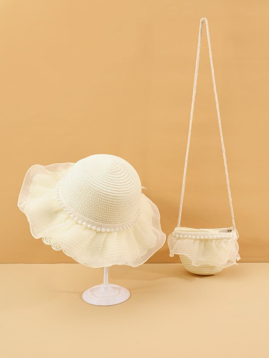 小女童人造珍珠裝飾草編帽和包