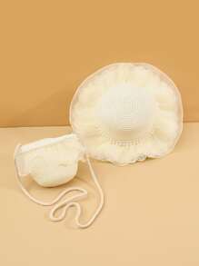 小女童人造珍珠裝飾草編帽和包