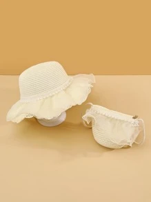 小女童人造珍珠裝飾草編帽和包