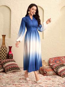 Modelyn Ombre Lantern Sleeve Buttoned Front Fold Pleated Detail Dress - Blue and White - View 7