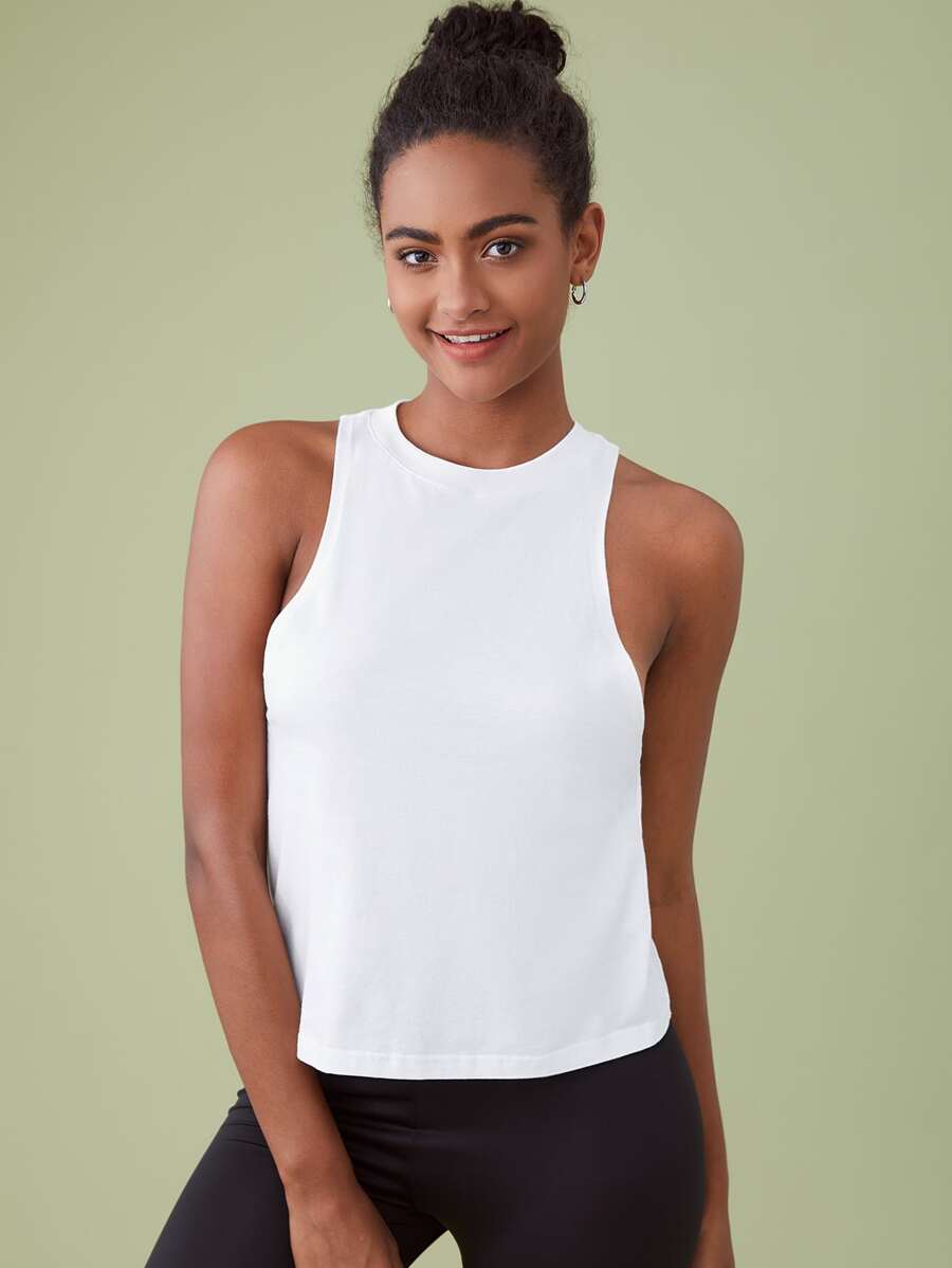 SHEIN BASICS Solid Round Neck Tank Top - White - View 1