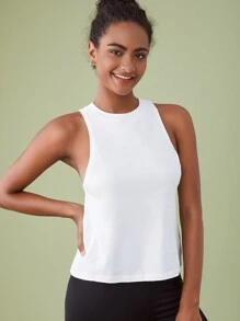 SHEIN BASICS Solid Round Neck Tank Top - White - View 6