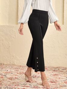Modelyn Buttoned Detail Flare Leg Trousers - Black - View 3