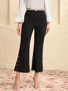 Modelyn Buttoned Detail Flare Leg Trousers - Black - View 4