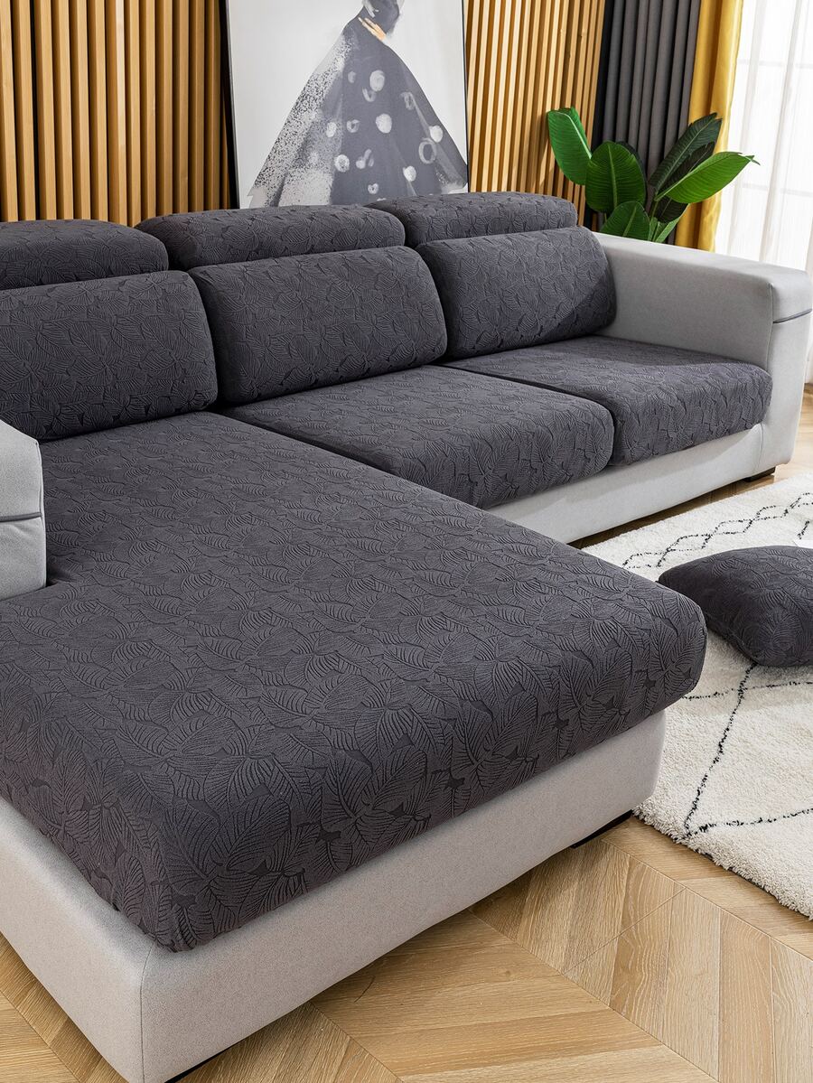 1pc Leaf Jacquard Stretchy Sofa Seat Cushion Cover, Modern Polyester Stretchy Sofa Cushion Cover For Home - Dark Grey - View 1