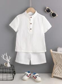 SHEIN Young Boy Linen Shirt And Weaving Shorts Two Piece Set - White - View 1