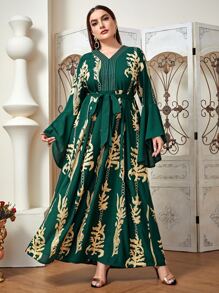 Al Najma Plus Gold Scroll Print Belted Dress - Dark Green - View 1