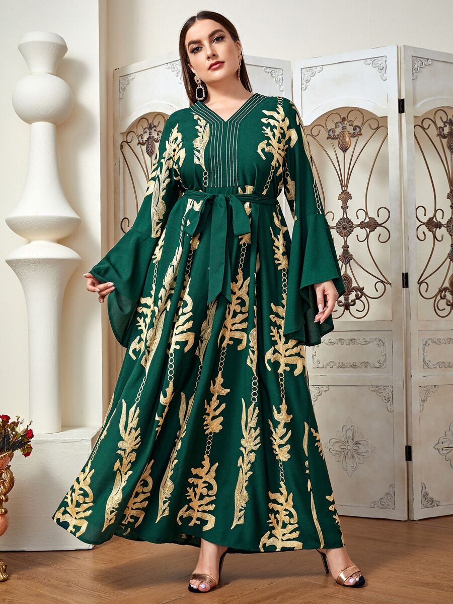 Al Najma Plus Gold Scroll Print Belted Dress - Dark Green - View 1