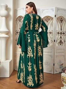 Al Najma Plus Gold Scroll Print Belted Dress - Dark Green - View 2