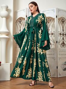 Al Najma Plus Gold Scroll Print Belted Dress - Dark Green - View 3