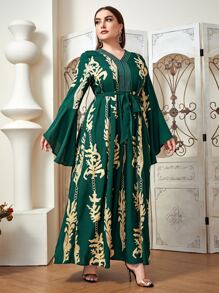 Al Najma Plus Gold Scroll Print Belted Dress - Dark Green - View 4